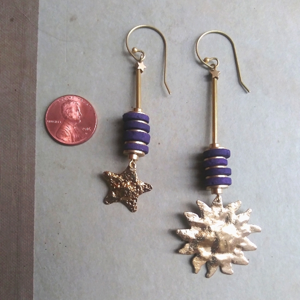 Handmade Sun And Star Purple Earrings - Picture 5 of 5